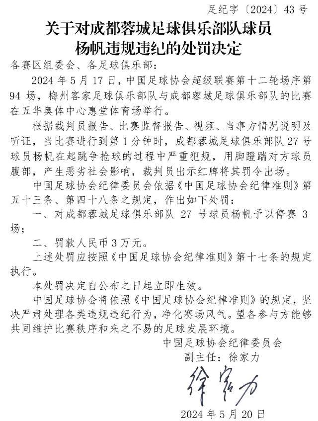 九游体育官网-足协罚单：杨帆蹬踹对方球员腹部 停赛3场罚款3万